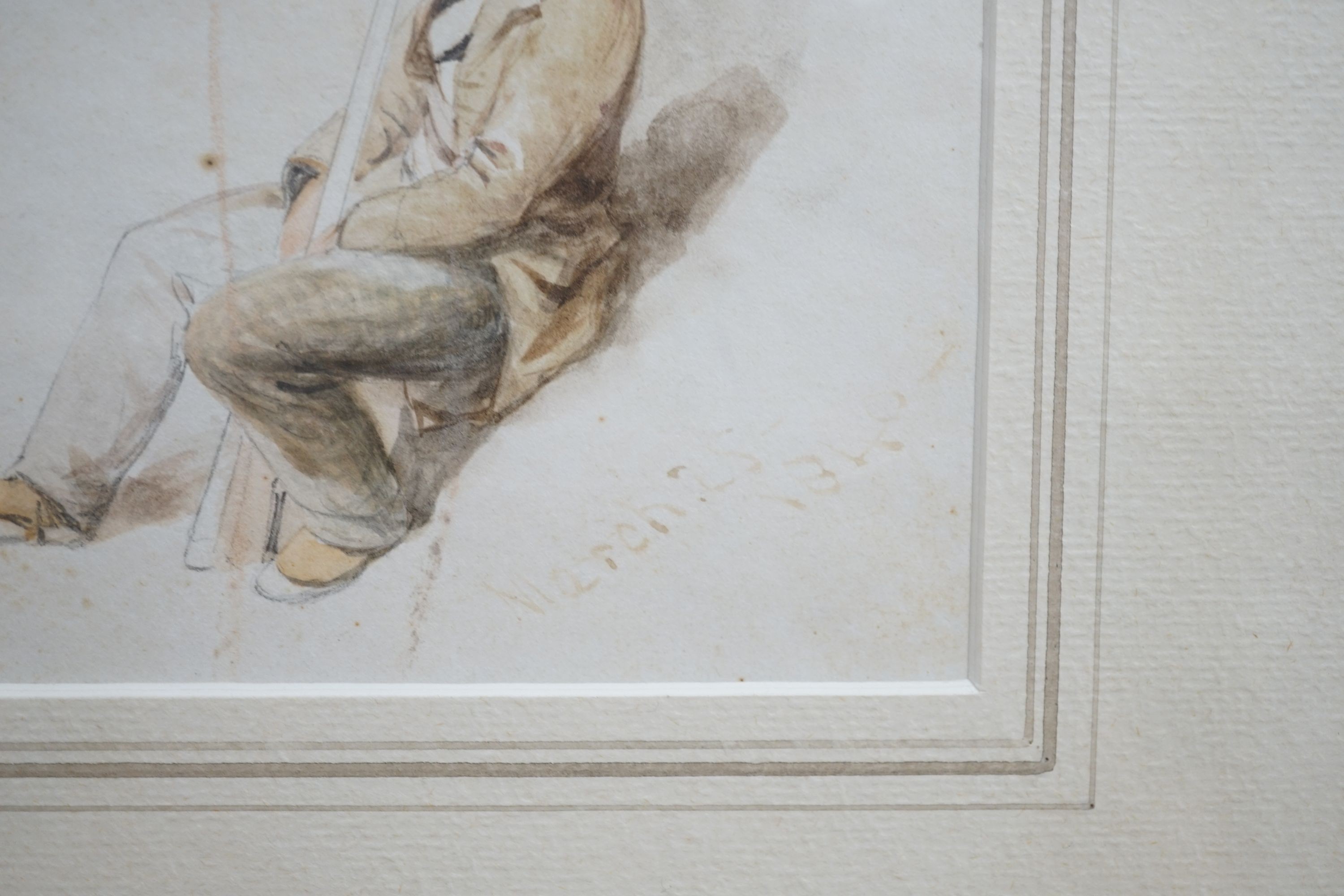 Thomas Miles Richardson Jnr, Seated Scotsman with a gun, watercolour, inscribed 'March 25.1840', 12 x 12.5cm